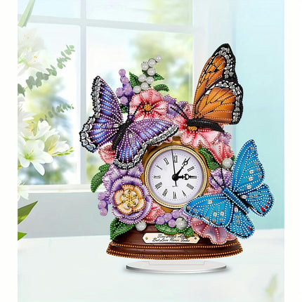 Butterfly And Flower Diamond Painting Clock Kit - DIY 5D Art Desk Decoration With Clock Function