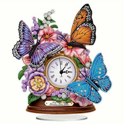 Butterfly And Flower Diamond Painting Clock Kit - DIY 5D Art Desk Decoration With Clock Function