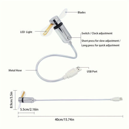 1ps, USB Clock Fan Portable With LED Time Display - Mini Flexible Cooling Fan With Switch