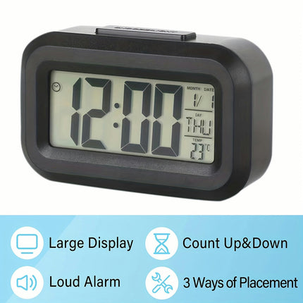 1pc Black Office Attendance Alarm Clock Multifunctional Clock With Luminous Temperature Calendar Timer