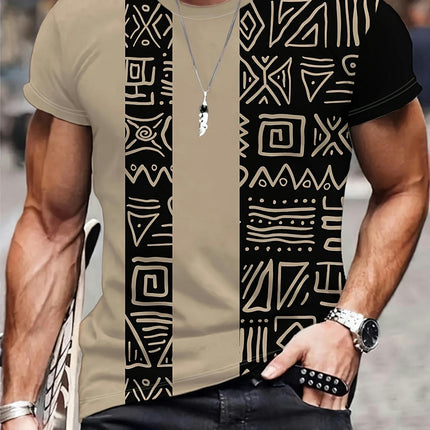 Men's Color Blocked Geometric Pattern 3D Printed T-shirt - Short Sleeved, Round Neck, Casual