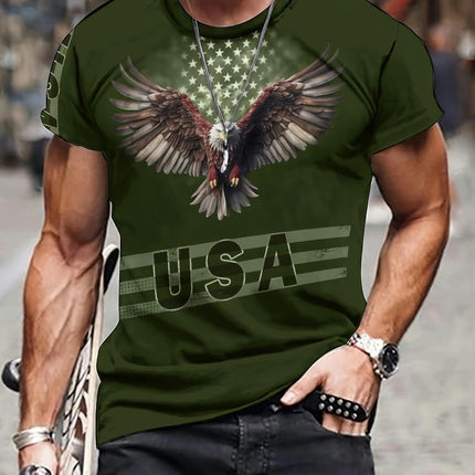 Eagle & Letter 3D Digital Pattern Print Men's T-shirt, Causal Comfy Tees, Short Sleeve Pullover Tops