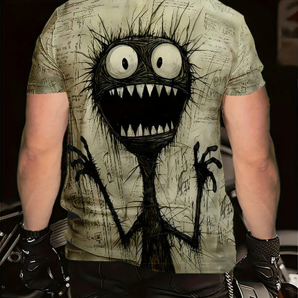 Men's 3D Cartoon Monster Print T-Shirt Polyester 100% Casual Crew Neck Tee for Summer