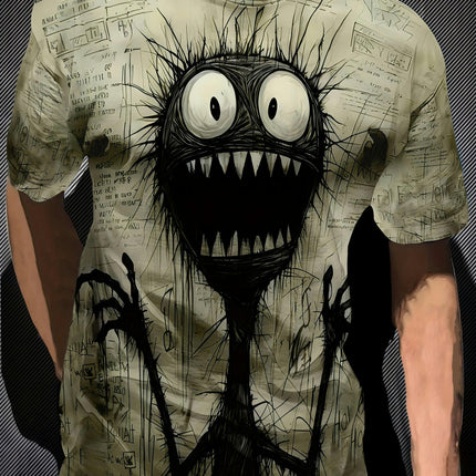 Men's 3D Cartoon Monster Print T-Shirt Polyester 100% Casual Crew Neck Tee for Summer