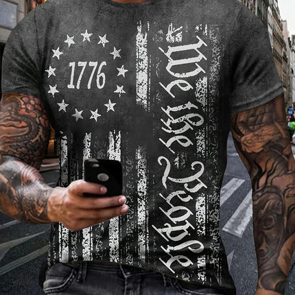 Gothic Style Letter And Stripes Print Men's Retro Short Sleeve Crew Neck T-shirt, Summer Outdoor