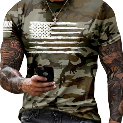 Camouflage Pattern T-shirt, Men's Casual Street Style Stretch Round Neck Tee Shirt For Summer