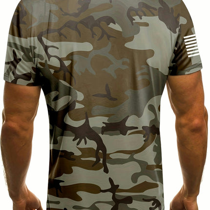 Camouflage Pattern T-shirt, Men's Casual Street Style Stretch Round Neck Tee Shirt For Summer