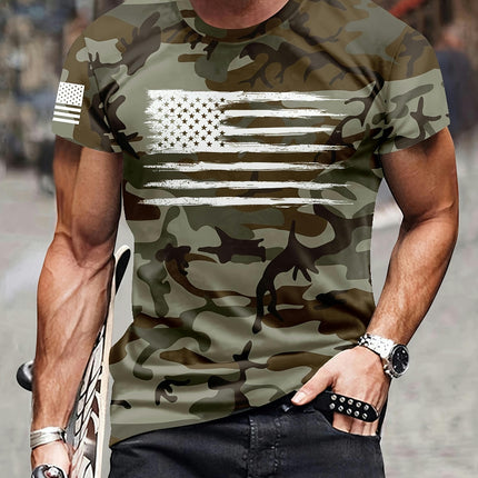 Camouflage Pattern T-shirt, Men's Casual Street Style Stretch Round Neck Tee Shirt For Summer