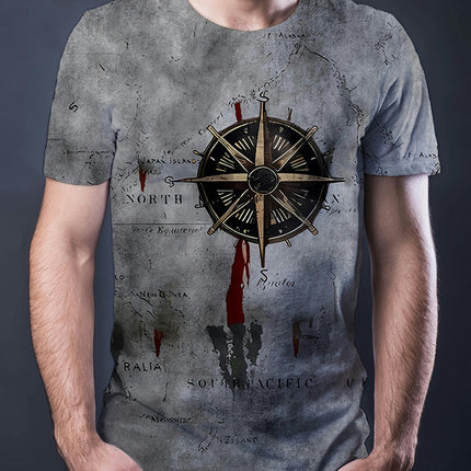 Compass Pattern T-shirt, Men's Casual Street Style Stretch Round Neck Tee Shirt For Summer