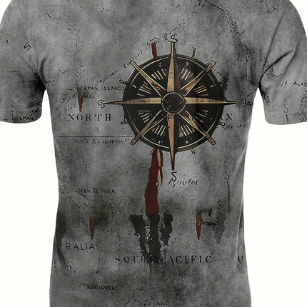 Compass Pattern T-shirt, Men's Casual Street Style Stretch Round Neck Tee Shirt For Summer