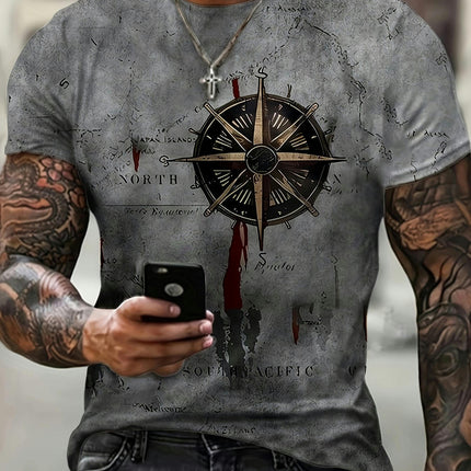 Compass Pattern T-shirt, Men's Casual Street Style Stretch Round Neck Tee Shirt For Summer