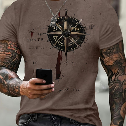 Compass Pattern T-shirt, Men's Casual Street Style Stretch Round Neck Tee Shirt For Summer