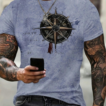 Compass Pattern T-shirt, Men's Casual Street Style Stretch Round Neck Tee Shirt For Summer