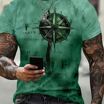 Compass Pattern T-shirt, Men's Casual Street Style Stretch Round Neck Tee Shirt For Summer