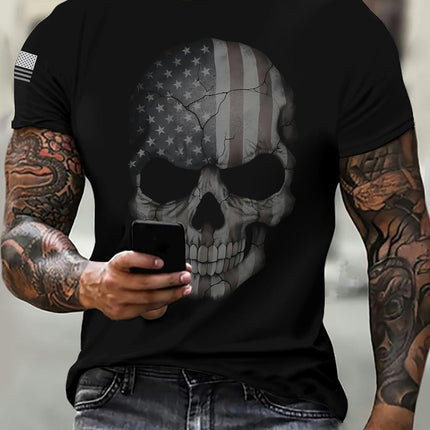 American Flag Skull Print Men's T-Shirt 3D Graphic Tee, Casual Short Sleeve Crew Neck Shirt