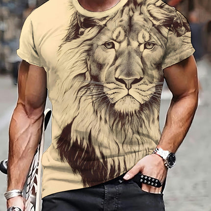 Summer Men's Classic Lion Print Short-sleeved Versatile 3D Printed T-shirt, Suitable For Daily Wear