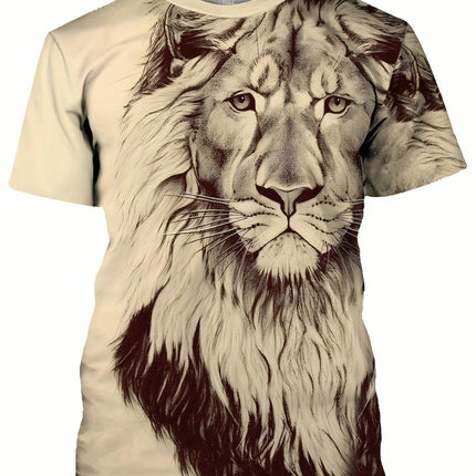 Summer Men's Classic Lion Print Short-sleeved Versatile 3D Printed T-shirt, Suitable For Daily Wear