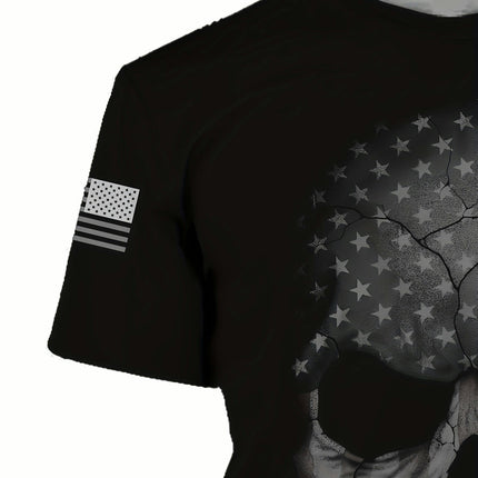 American Flag Skull Print Men's T-Shirt 3D Graphic Tee, Casual Short Sleeve Crew Neck Shirt