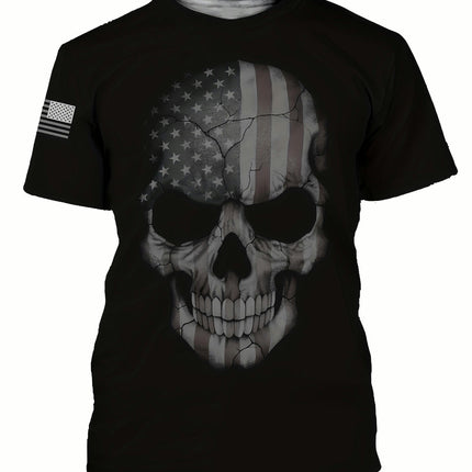 American Flag Skull Print Men's T-Shirt 3D Graphic Tee, Casual Short Sleeve Crew Neck Shirt