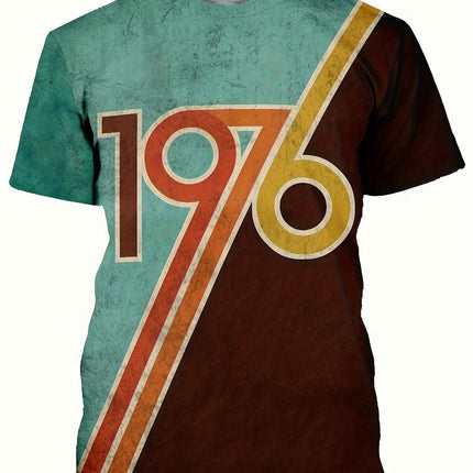 Men's Vintage 1976 Letter Print Short Sleeve Crew Neck T-Shirts, Comfy Breathable Casual Tops