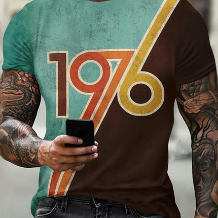 Men's Vintage 1976 Letter Print Short Sleeve Crew Neck T-Shirts, Comfy Breathable Casual Tops