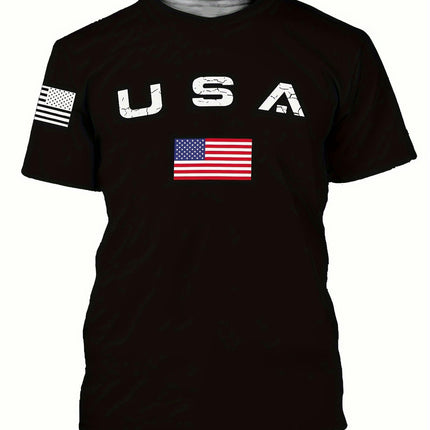 Short Sleeve T-Shirt Crew Neck T-Shirt Summer Men's 3D USA Letter Print T-Shirt, Flag