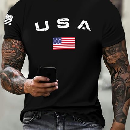 Short Sleeve T-Shirt Crew Neck T-Shirt Summer Men's 3D USA Letter Print T-Shirt, Flag