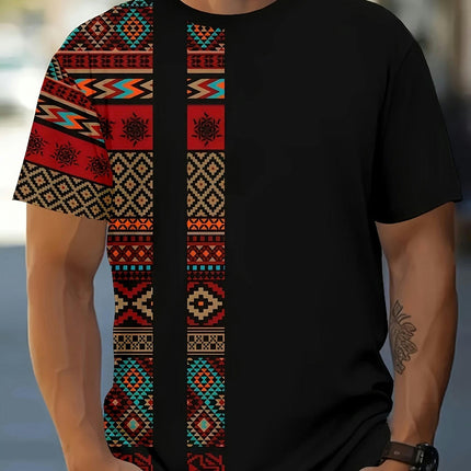 Mens Splicing Ethnic Print T-Shirt Crew Neck, Short Sleeves For Summer Casual Wear For Daily Life