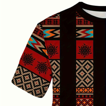 Mens Splicing Ethnic Print T-Shirt Crew Neck, Short Sleeves For Summer Casual Wear For Daily Life