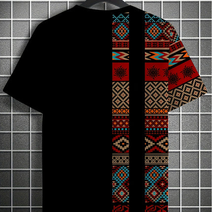 Mens Splicing Ethnic Print T-Shirt Crew Neck, Short Sleeves For Summer Casual Wear For Daily Life