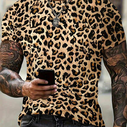 Leopard Pattern 3D Printed Crew Neck Short Sleeve T-shirt For Men, Casual Summer T-Shirt For Daily