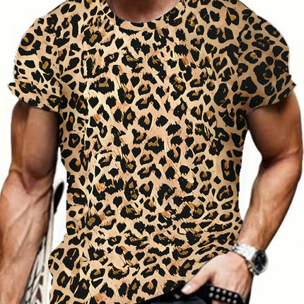 Leopard Pattern 3D Printed Crew Neck Short Sleeve T-shirt For Men, Casual Summer T-Shirt For Daily