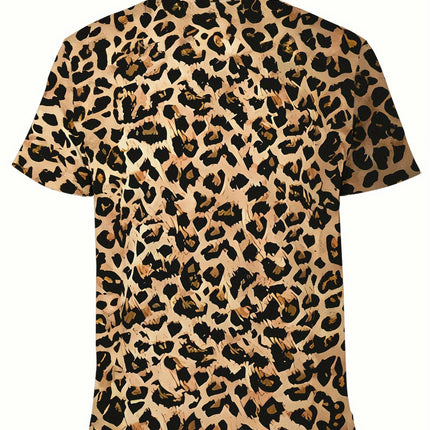 Leopard Pattern 3D Printed Crew Neck Short Sleeve T-shirt For Men, Casual Summer T-Shirt For Daily