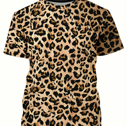 Leopard Pattern 3D Printed Crew Neck Short Sleeve T-shirt For Men, Casual Summer T-Shirt For Daily