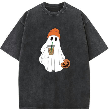 Halloween Theme Vintage Washed Cotton Patterned T-Shirt Men's T-Shirt Round Neck Tops Short Sleeve