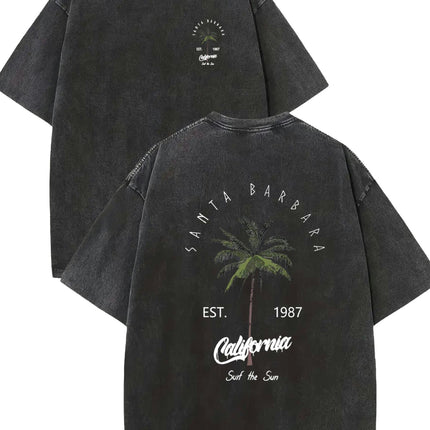 Coconut Tree Print Washed Vintage Pure Cotton Men's T-Shirt, Casual Loose Fit, Round Neck, Summer