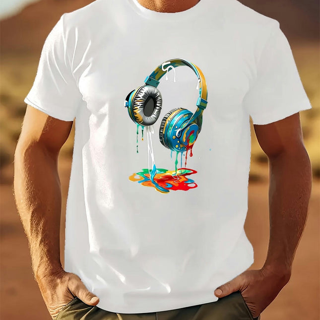 "Earphone" Pattern Cotton Casual Men's T-shirt, Short-sleeved Summer Shirt Round Neck T-shirt