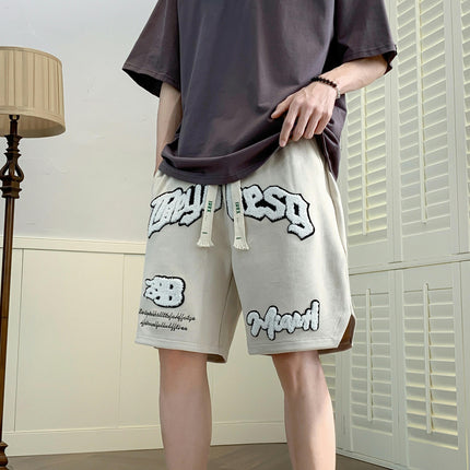 Men's Embroidery Pattern Shorts with Pockets-Casual Elastic Waist Drawstring for Summer Outdoor