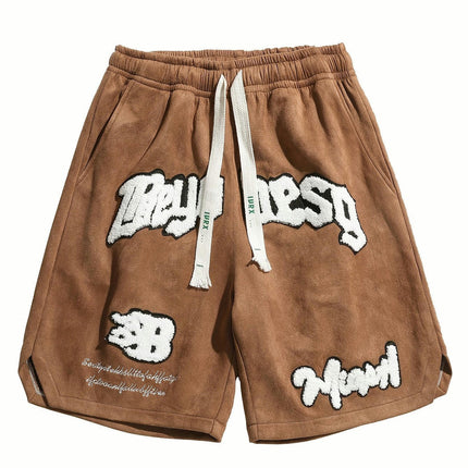 Men's Embroidery Pattern Shorts with Pockets-Casual Elastic Waist Drawstring for Summer Outdoor