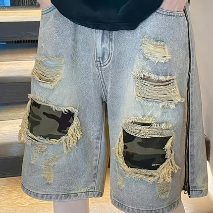 Men's Casual Ripped Denim Shorts, Street Style Shorts For Summer Jorts, Bermuda Shorts