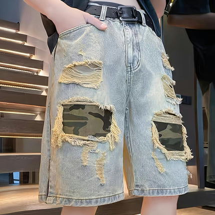 Men's Casual Ripped Denim Shorts, Street Style Shorts For Summer Jorts, Bermuda Shorts