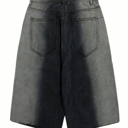 Men's Solid Ripped Denim Casual Shorts With Pockets,Jorts For Summer Outdoor Activities