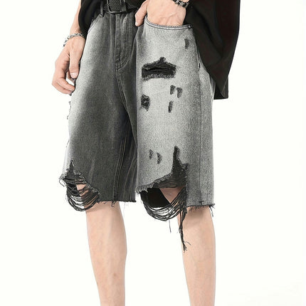 Men's Solid Ripped Denim Casual Shorts With Pockets,Jorts For Summer Outdoor Activities