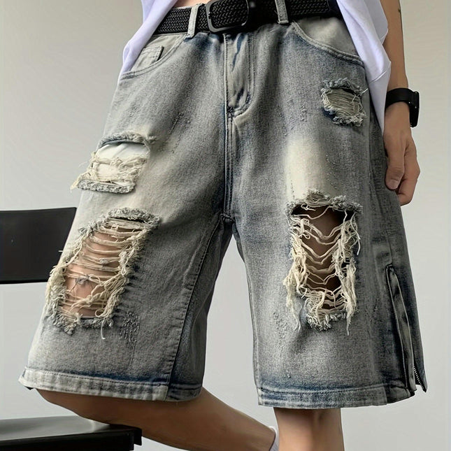 Men's Loose Gradient Color Ripped Denim Shorts With Pockets Jorts For Summer Outdoor Activities