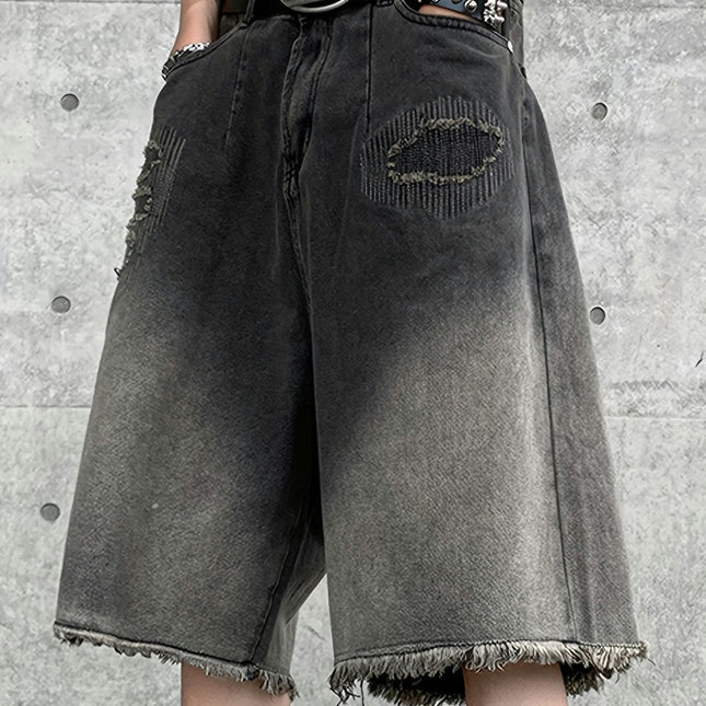 Men's Gradient Color Frayed Denim Shorts For Summer Outdoor Casual Jorts With Pockets