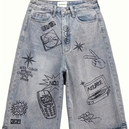 Men's Vintage-Inspired Graffiti Denim Shorts - Loose Fit, Summer Collection, Cotton Blend