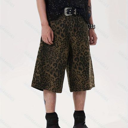 Summer Street Style Men's Casual Loose Fit Denim Shorts, Leopard Print Knee-Length Jorts