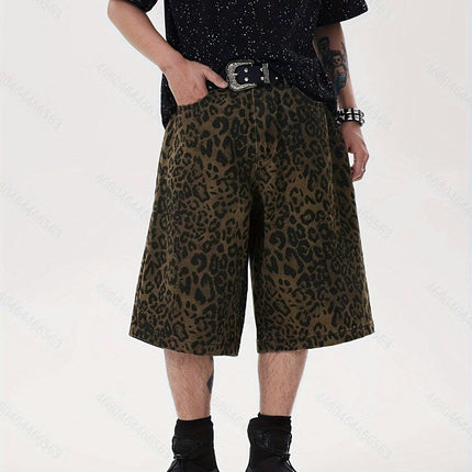 Summer Street Style Men's Casual Loose Fit Denim Shorts, Leopard Print Knee-Length Jorts