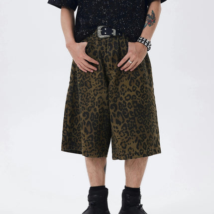 Summer Street Style Men's Casual Loose Fit Denim Shorts, Leopard Print Knee-Length Jorts