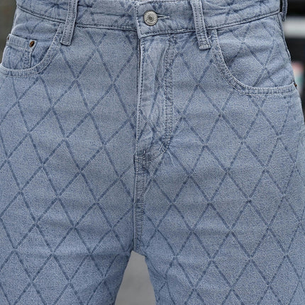 Summer Plaid Jacquard Denim Shorts - Mid-Length, Casual, Comfortable, Cotton Blend Blue Pants